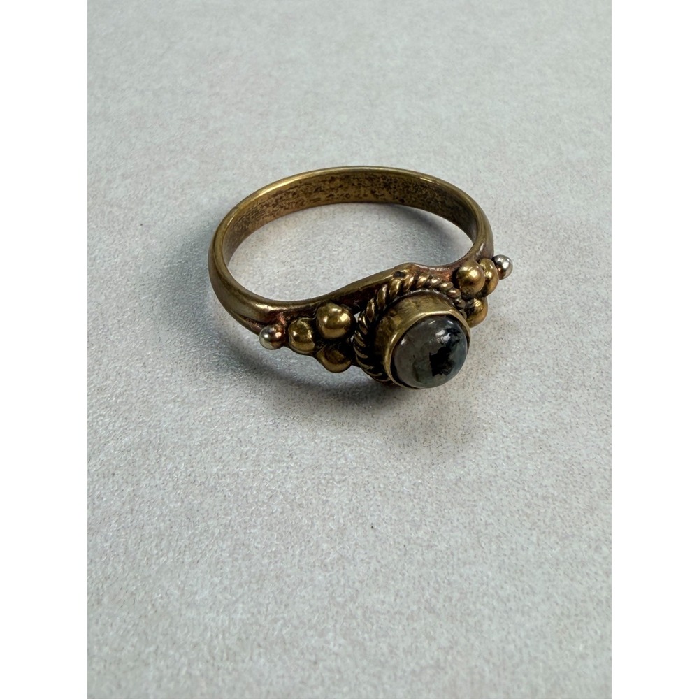 Vintage Moonstone Cabochon Ring Brass Gold Tone Ornate Boho Artisan Statement